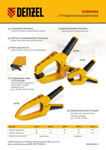 Струбцина клещеобразная, удлиненная 50 х 80 мм двухкомпонентные рукоятки Denzel по ценам производителя в Москве с доставкой по всей России