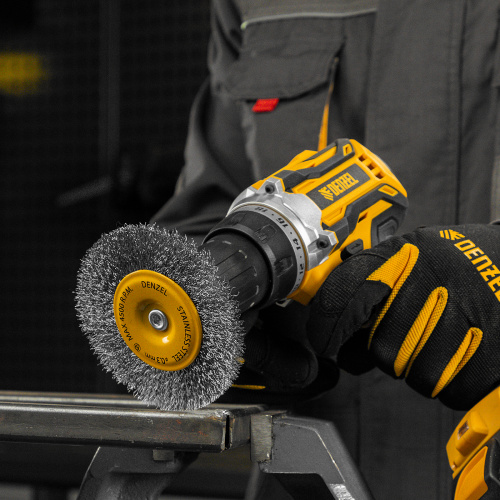 Щетка для дрели 100 мм, Плоская, со шпилькой, нержавеющая витая проволока Denzel по ценам производителя в Москве с доставкой по всей России