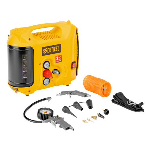 Компрессор воздушный DL1300, 10 бар, 1,3 кВт 180 л/мин 5 л, с набором аксессуаров Denzel по ценам производителя в Москве с доставкой по всей России