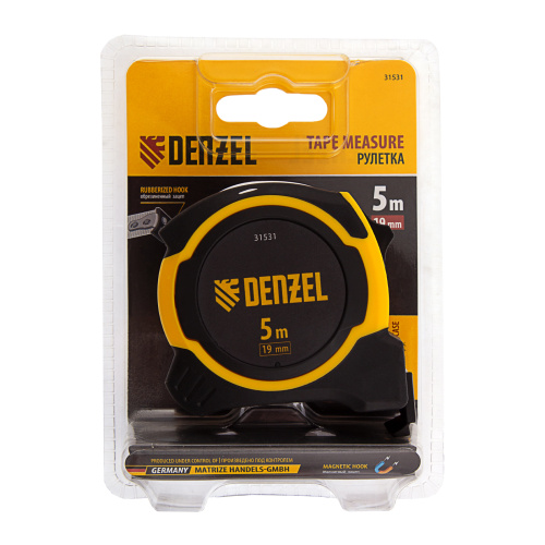 Рулетка 5м х 19мм, двухкомп. корпус, магнитный обрезиненный зацеп Denzel по ценам производителя в Москве с доставкой по всей России