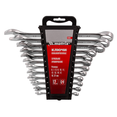 Набор ключей комбинированных, 6-22 мм, 12 шт, CrV, полированный хром Matrix по ценам производителя в Москве с доставкой по всей России