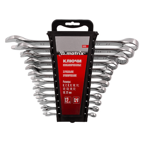 Набор ключей комбинированных, 6-22 мм, 12 шт, CrV, полированный хром Matrix по ценам производителя в Москве с доставкой по всей России