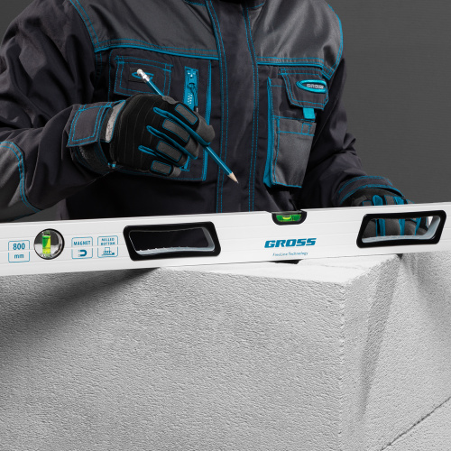 Уровень алюминиевый, 800 мм, усиленный, рукоятки, фрезерованный, 3 глазка, магнитный Gross по ценам производителя в Москве с доставкой по всей России