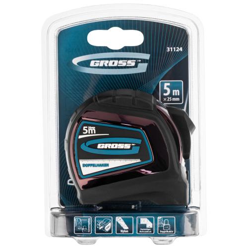 Рулетка "Doppelhaken",5 м x 25 мм,двухсторонний зацеп,Нейлон,двусторонняя шкала,автоматическая фиксация Gross по ценам производителя в Москве с доставкой по всей России