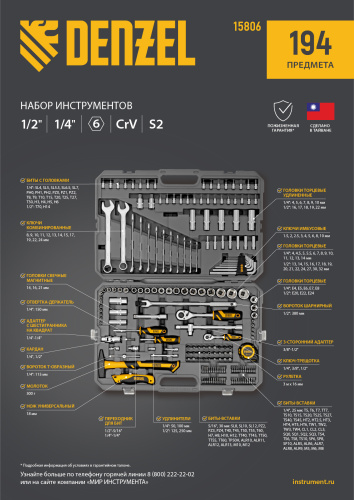 Набор инструментов, 1/2", 1/4", CrV, S2, пластиковый кейс, 194 предмета Denzel по ценам производителя в Москве с доставкой по всей России