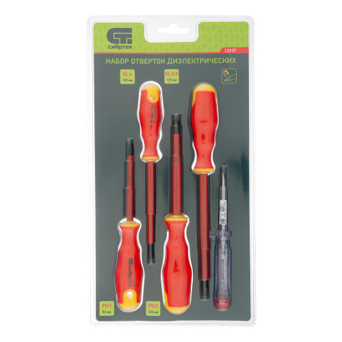 Набор отверток диэлектрических до 1000 В, 5 шт, тестер, CrV, двухкомпонентные рукоятки Сибртех по ценам производителя в Москве с доставкой по всей России