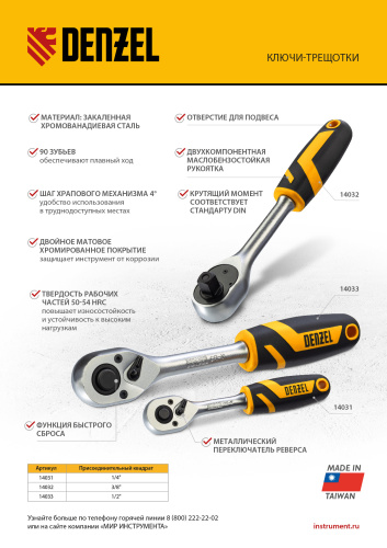 Ключ-трещотка 1/4", 90 зубьев, с быстрым сбросом, CrV Denzel по ценам производителя в Москве с доставкой по всей России