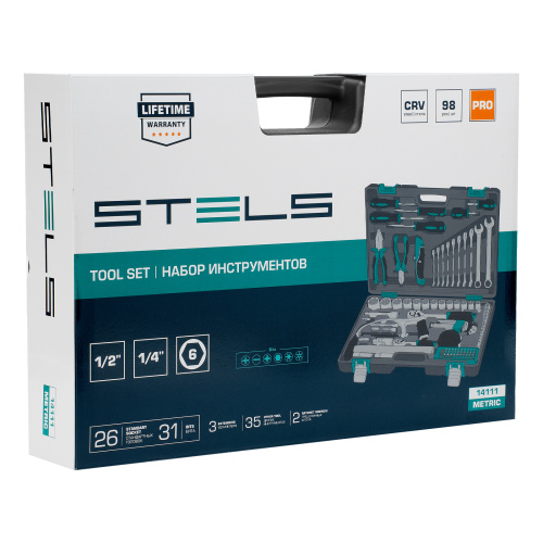 Набор инструментов, 1/2", 1/4", CrV, пластиковый кейс 98 предметов Stels по ценам производителя в Москве с доставкой по всей России