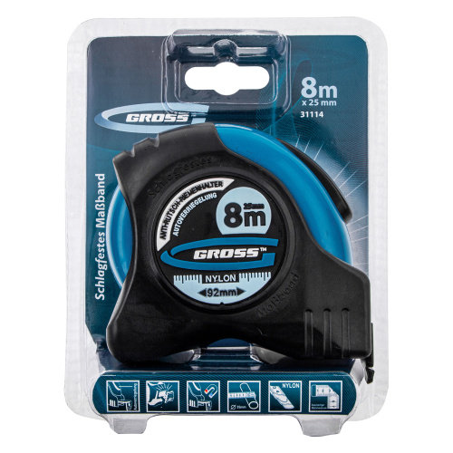 Рулетка "Schlagfest",8 м x 25 мм,магнитный обрезиненный зацеп,двусторонняя шкала,Нейлоновое покрытие,автоматическая фиксация Gross по ценам производителя в Москве с доставкой по всей России