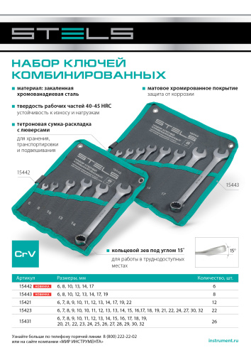 Набор ключей комбинированных 6-17 мм, 6 шт., CrV, матовый хром Stels по ценам производителя в Москве с доставкой по всей России