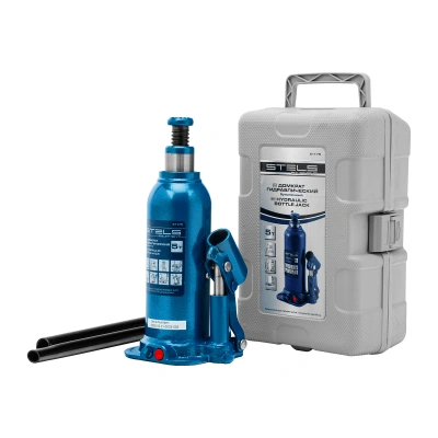 Домкрат гидравлический бутылочный, 5 т, h подъема 207-404 мм, в пластиковом кейсе Stels