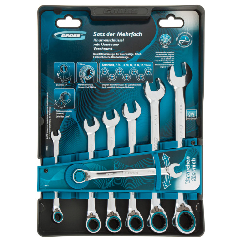 Набор ключей комбинированных с трещоткой, 8-19 мм, 7 шт, реверсивные, CrV Gross по ценам производителя в Москве с доставкой по всей России